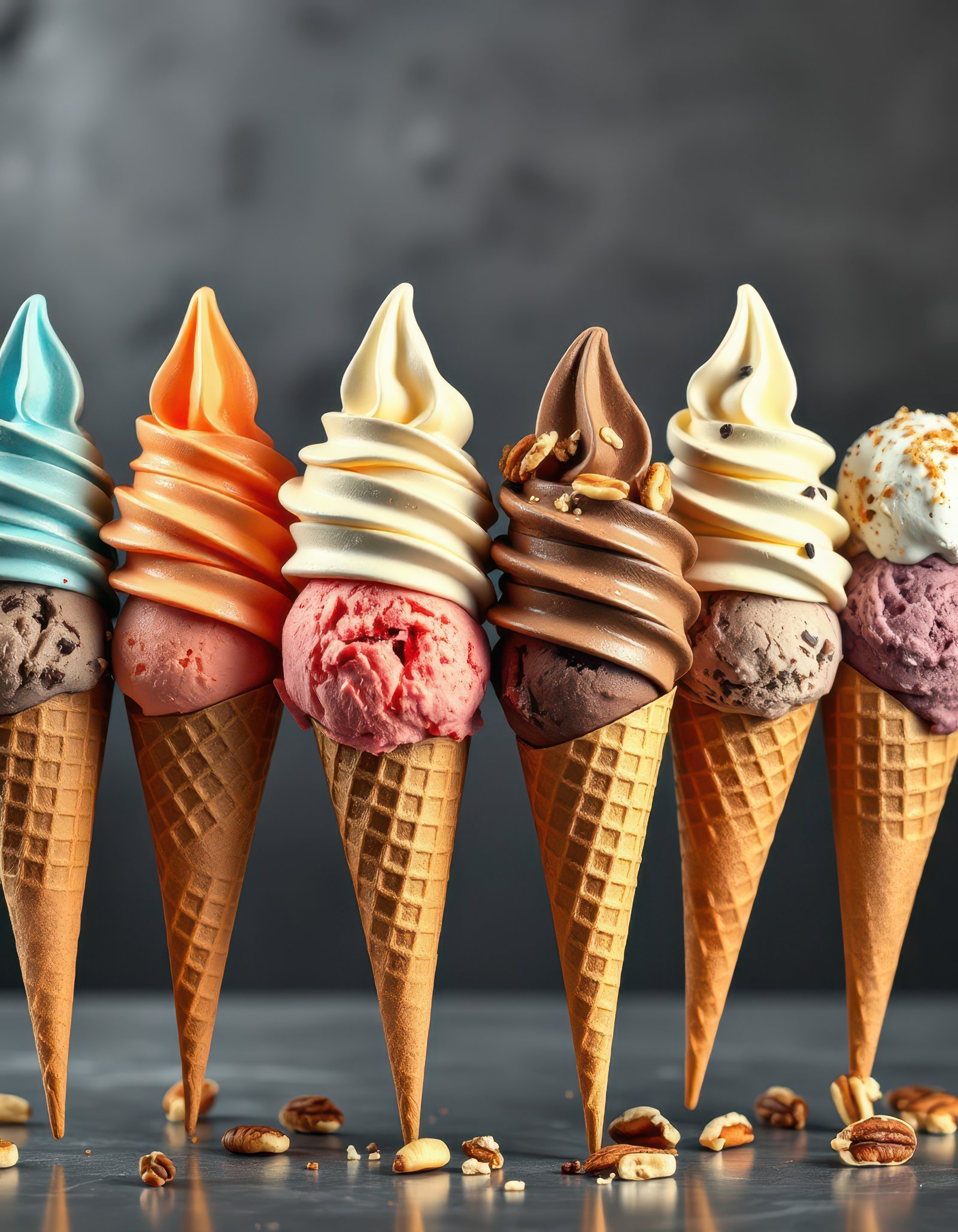 Colorful assortment of soft serve ice cream cones in an inviting display for dessert lovers